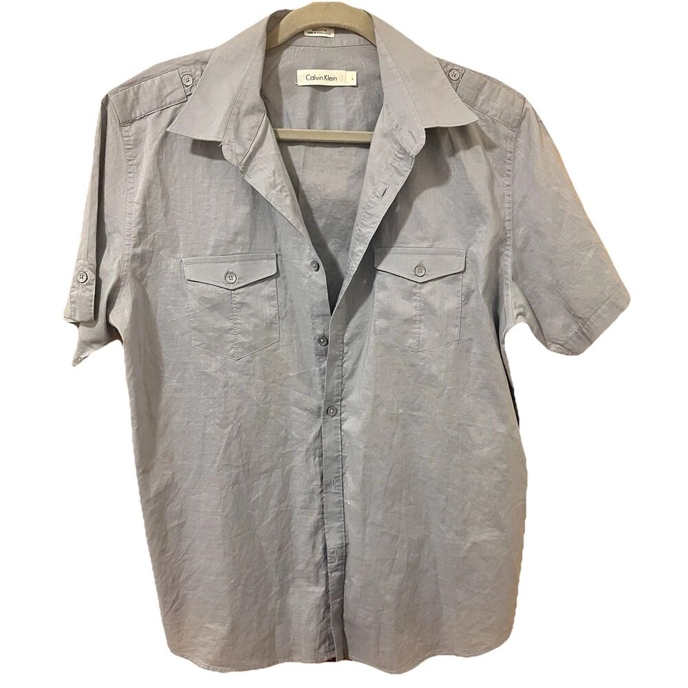 CK Calvin Klein Men’s L SHORT SLEEVE BUTTON SHIRT Cotton Gray Casual Summer